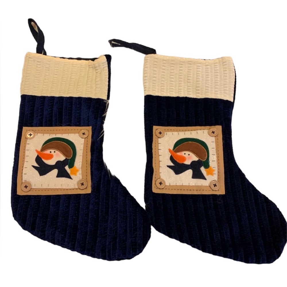 2 Beautiful Navy & Cream Primitive Snowman Stockings